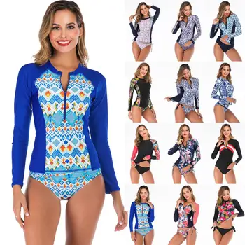 

Women rashguard Sunshade UV Protection Swimwear Patchwork Long Sleeve Two Piece Swimsuit Beach Surfing Diving Bathing Suit XXL