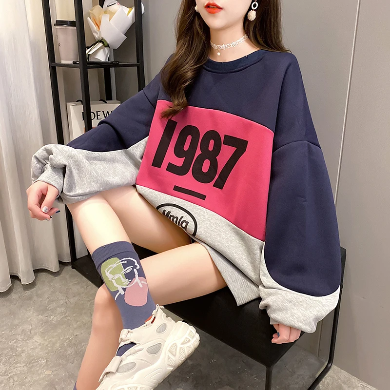 

2020 winter clothes Korean version plus velvet thick loose round neck net red hit color lazy style large size women sweatershirt