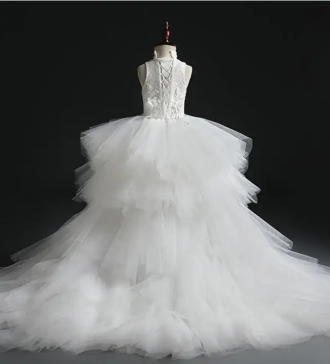 Girls Dress Glizt Long Trailing White Lace First Communion Dress Flower Tulle Ball Gown Girls Pageant Gown Flower Girl Dress for Weddings