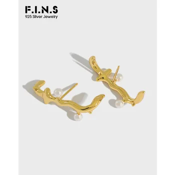 

F.I.N.S 100% S925 Sterling Silver Stud Earrings INS Unique Design Irregul Line Pearl Earrings Silver 925 Jewelry Prevent Allergy