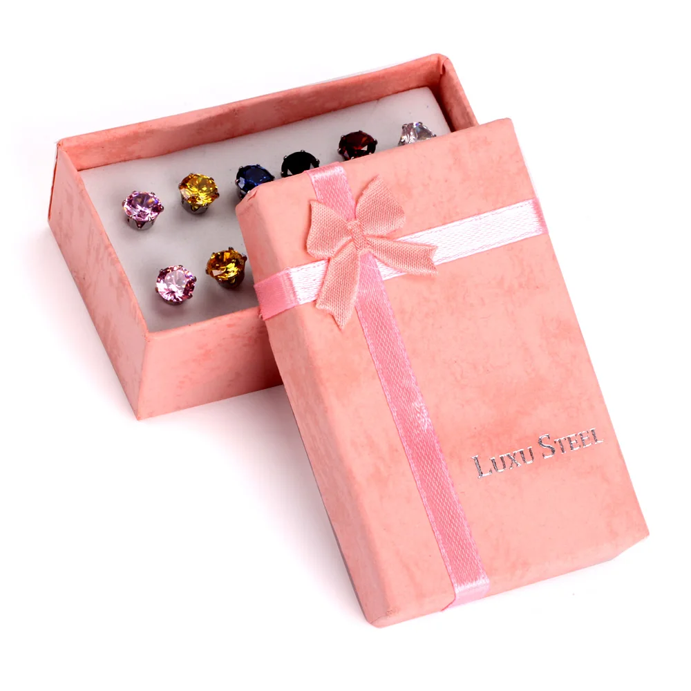 LUXUSTEEL Gift Box 6pairs Earring Sets Size 3mm/5mm/7mm Stainless Steel Anit-allergy Colorful Crystal Stud Earring Bijoux