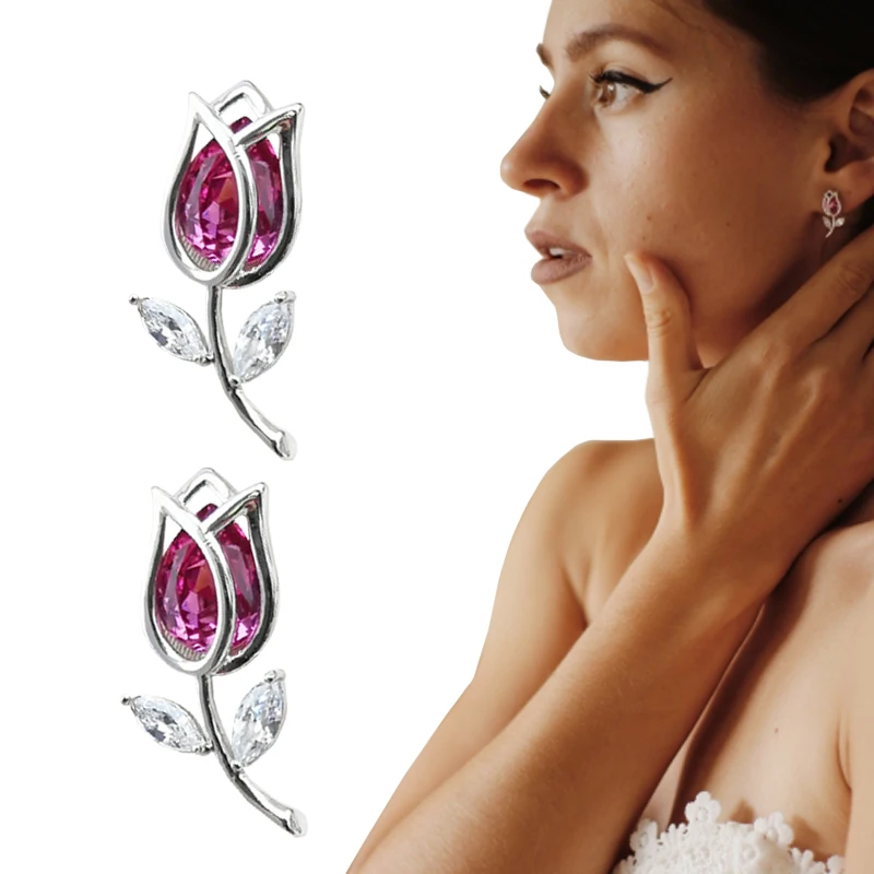 

Authentic 925 Sterling Silver Delicate Earrings With Tulips Romantic Crystal Sparkle Flower Stud Earrings For Women Brincos