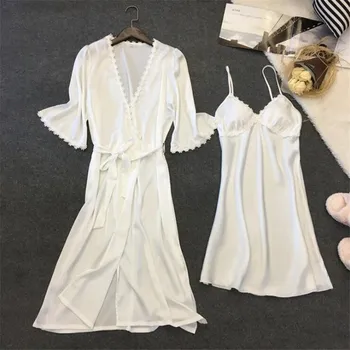 

2020 Spring Summer New Arrival Faux Silk Bathrobe + Nightdress Two Pieces Robe & Gown Set With Chest Padded Lace Patchwork White