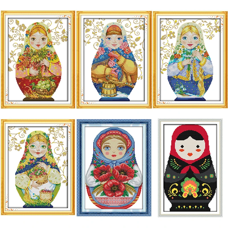 Cross Stitch Kit, Russian doll Series Cross Stitch Kits DIY Cartoon Character Pattern 14CT 11CT Count Canvas Printing Embroidery Needlework Crafts