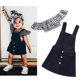 

2020 Summer Fashion Children Suit Girls Plaid Flare Sleeves Short Shirt with Denim Suspender Jeans Skirt Suit Toddler Clothes