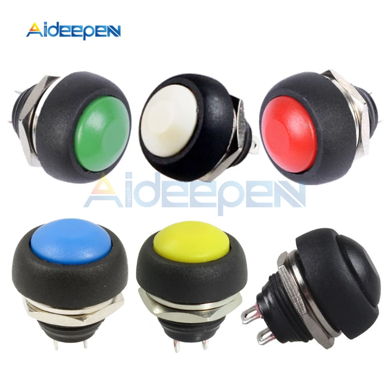 

5Pcs PBS-33B 12mm 2 Pin Mini Waterproof Momentary Push Button Switch Reset Non-locking 1A 250V Red Yellow Green Black White Blue