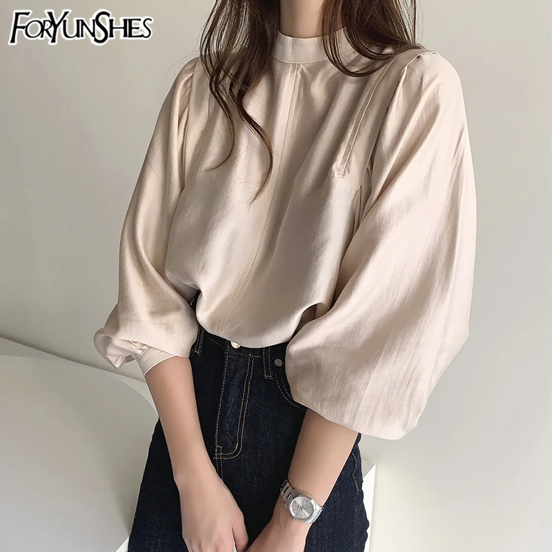 

FORYUNSHES Pleated Gloss Puff Sleeve Blouse Office Chic Long Sleeve Shirt Korean Fashion Clothing Spring Women Top 2020 New