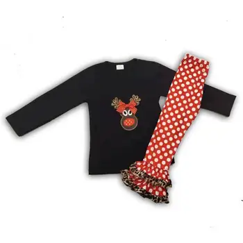 

red cow embrodiery black shirt top matching red dot tight pants clothing sets