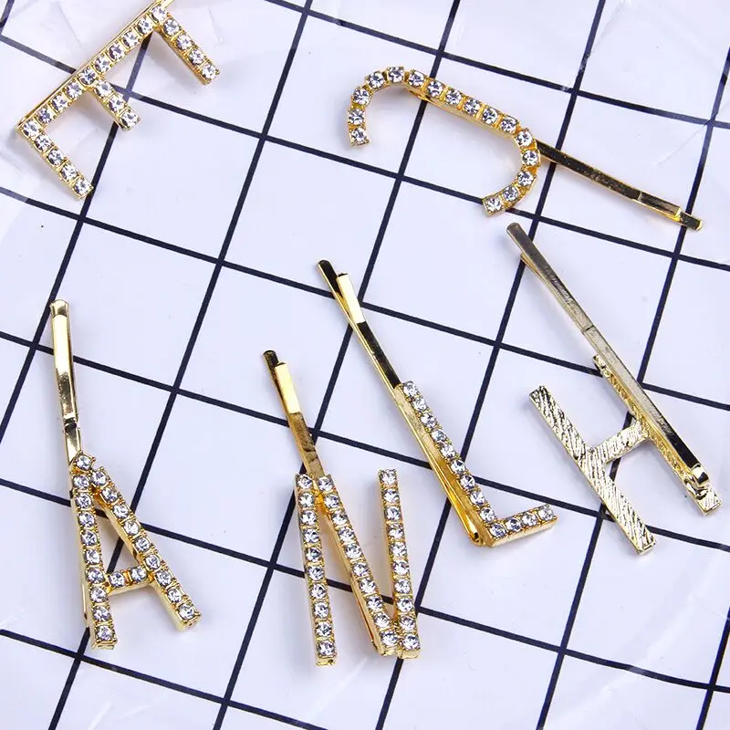 

New Handmade A-Z Gold Bling Rhinestone Letter Hair Pins for Women Single Crystal Hair Clips Barrettes Bobby Pin Hair Accessories