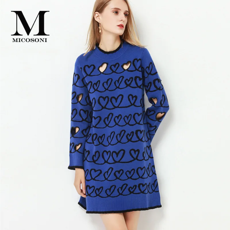 

Micosoni High-end Women's 2019 Autumn New Wool Heart Jacquard Openwork Elegant Knit Blue and Yellow Long Sleeve Sweater Dress