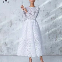 Новое прибытие слоновой кости o-образным вырезом с длинным рукавом кружева чай Длина весенние платья выпускного вечера