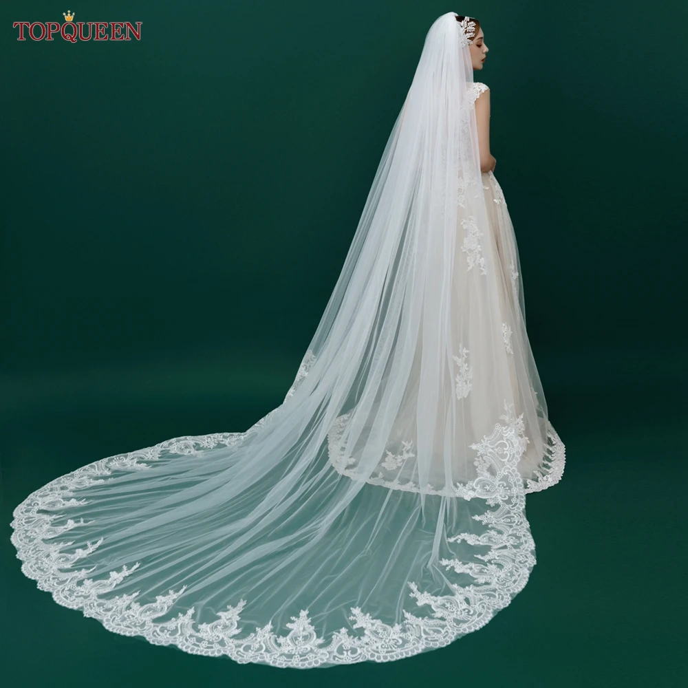 

TOPQUEEN V73 Bridal Cathedral Length Veil with Lace Trim Long Royal Wedding Veil with Comb Soft Tulle Veil Spanish Mantilla