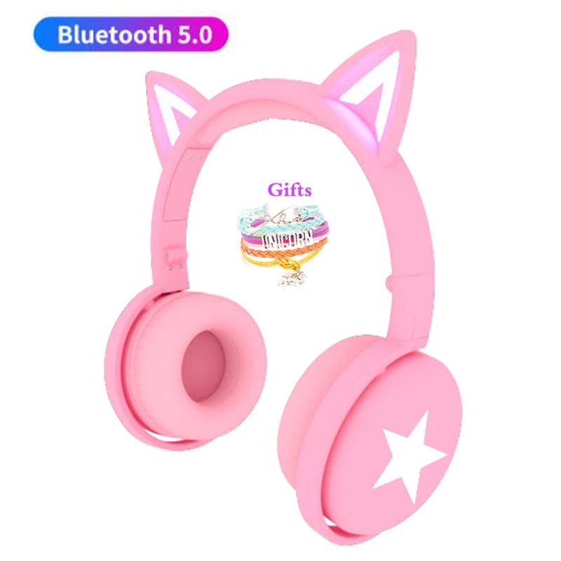 

Cute Cat Star Bluetooth Wireless LED Headphone with Mic Foldable Girl Music Stereo Phone Earphone Kid Helmet with bracelet Gift