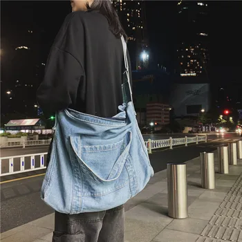 

Teenager Over Large Denim Top-handle Bag Female Jeans Fabric Big Capacity Soft High Street Hip Hop Rock Slouch Shoulder Bag