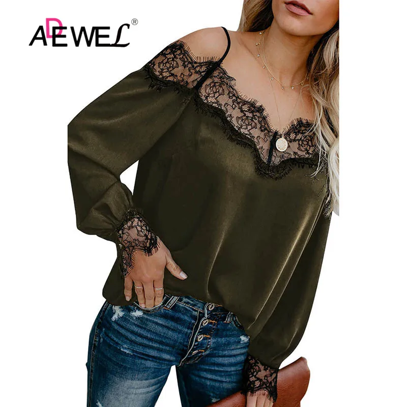ADEWEL модные женские туфли блуза с v-образным вырезом и длинным рукавом, кружевные бархатная рубашка блузка Повседневное платье с открытыми плечами и кружевной отделкой женская блузка в стиле бохо, блузки, топы