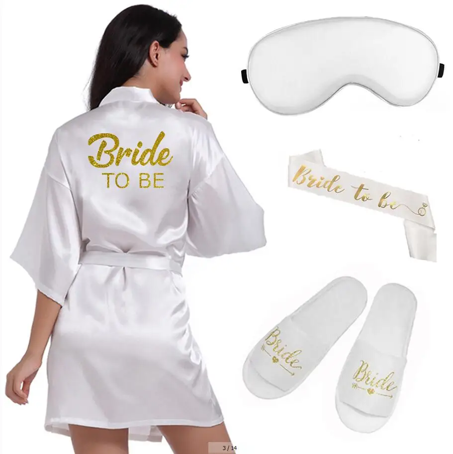 Bride Robes 4pc set of glitter gold bride satin short bride robe slippers bridal sash peignoir women Bridal Party kimono robe