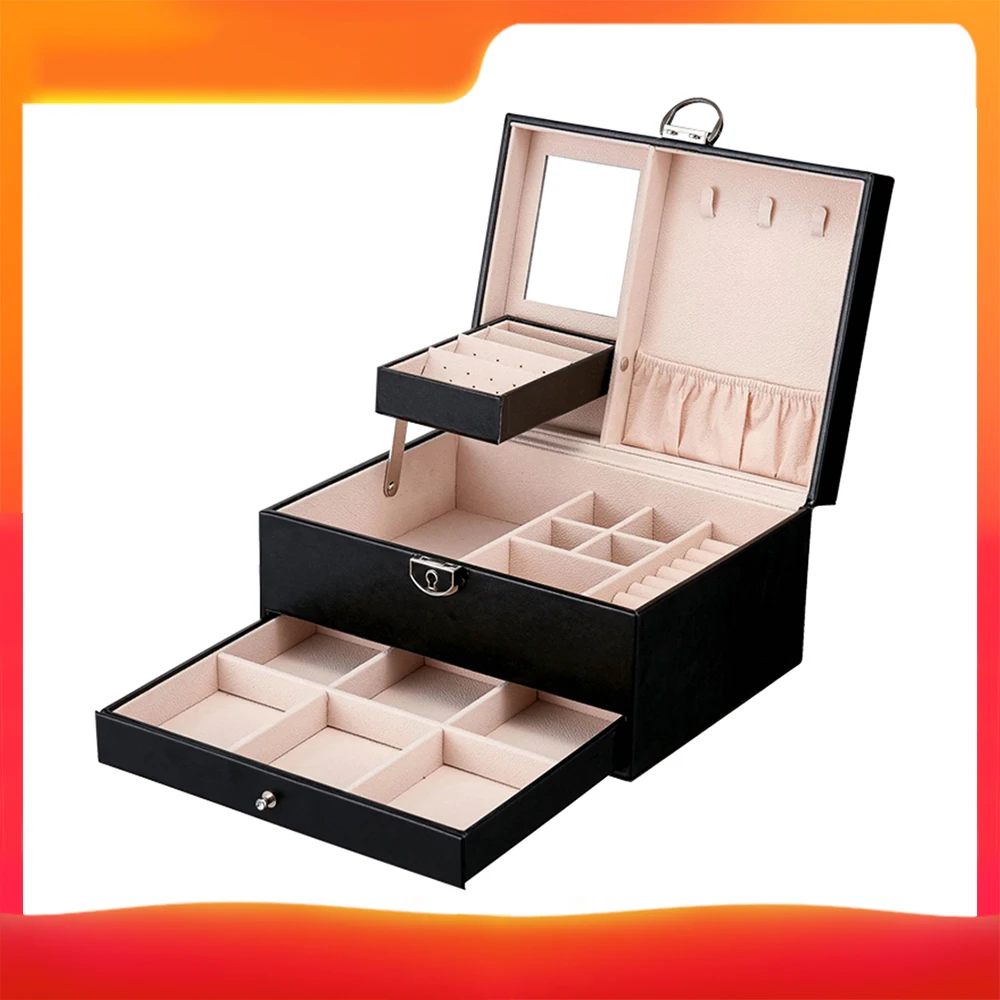 

Multi-functional Jewelry Box PU Leather Makeup Storage Case Multi-Layer Large Capacity Organizer for Rings Earrings Necklaces