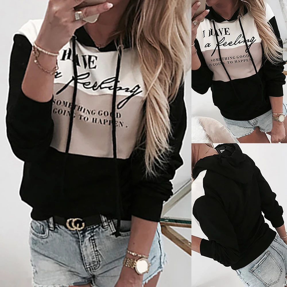 

Women Hoodies Sweatshirts Long Sleeve Drawstring Letter Printed Thin Pullover Lady Hooded Tops Patchwork Hoodie Harajuku Jumper