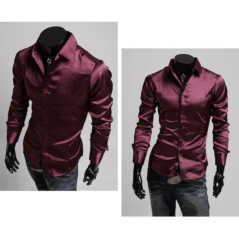 2119 New Hot Men's Silk Dress Shirt Solid Long Sleeve Casual Formal Button Silk Shirts High Quality