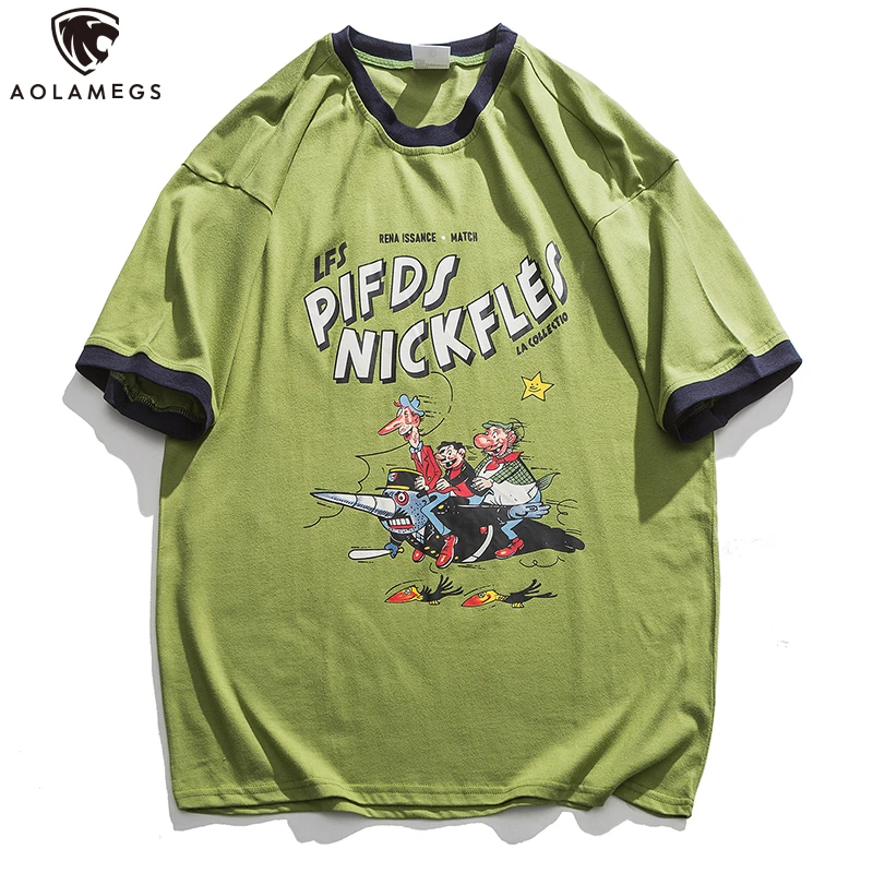 

Aolamegs Men Cartoon Painting Print T Shirts O-Neck Short Sleeve Harajuku Casual College Style Couple Tee Top Fashion Streetwear