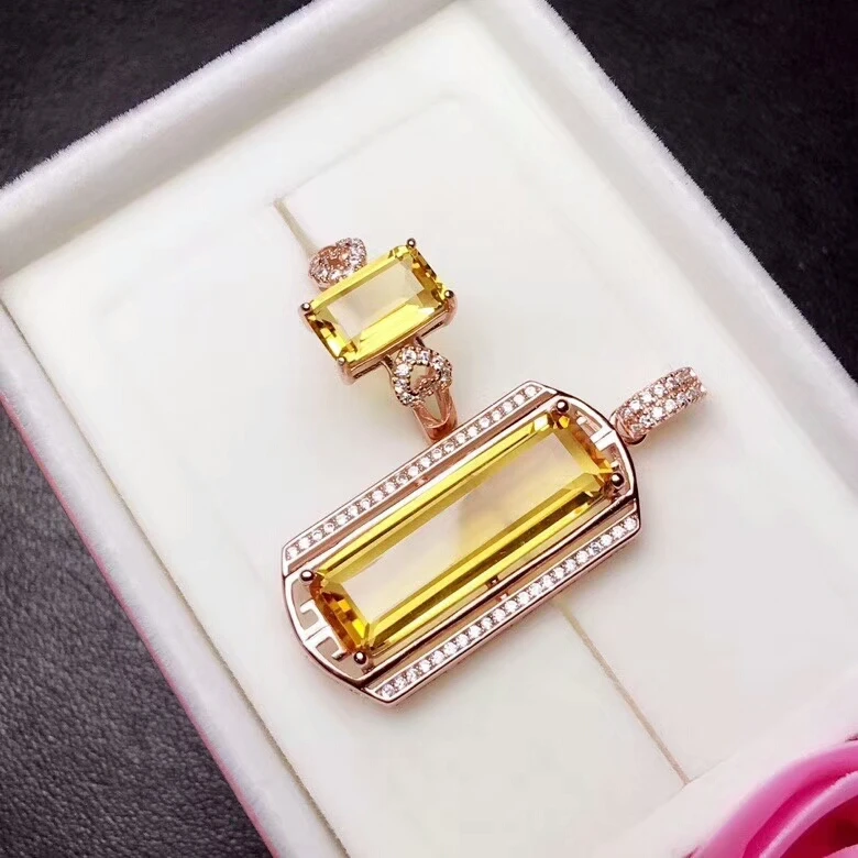 

MeiBaPJ Natural High Quality Citrine Fine Jewelry Set 925 Pure Silver Necklace and Ring Suit for Women