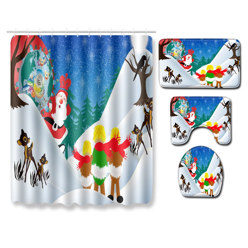 QA21 4 шт., Рождественская Водонепроницаемая душевая занавеска в комплекте, нескользящий коврик для ванной, крышка для унитаза, коврик для ванной, мягкий набор ковриков для ванной комнаты - Цвет: QA21