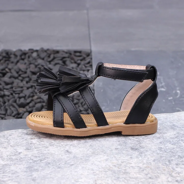 Черный Сандалии для девочек; коллекция года; летние детские сандалии для принцесс; сандалии с кисточками для девочек; модные сандалии-гладиаторы; пляжная обувь на плоской подошве для маленьких девочек - Цвет: Черный
