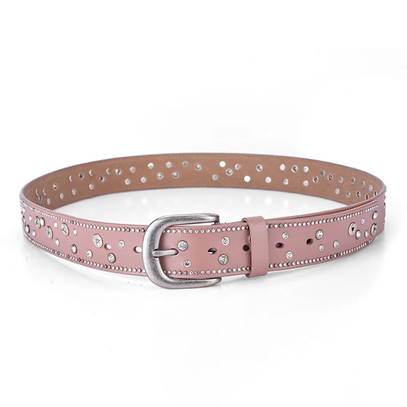pink colour Женский ремень с заклепками высокого качества из натуральной кожи, Модный Роскошный дизайнерский ремень, винтажный женский ремень для джинсов из коровьей кожи - Цвет: pink colour