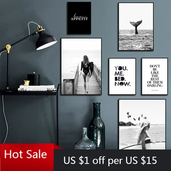 

Fashion Poster Black White Surf Woman Letter Nordic Wall Art Canvas Painting Picture Prints Aesthetic Room Decorative