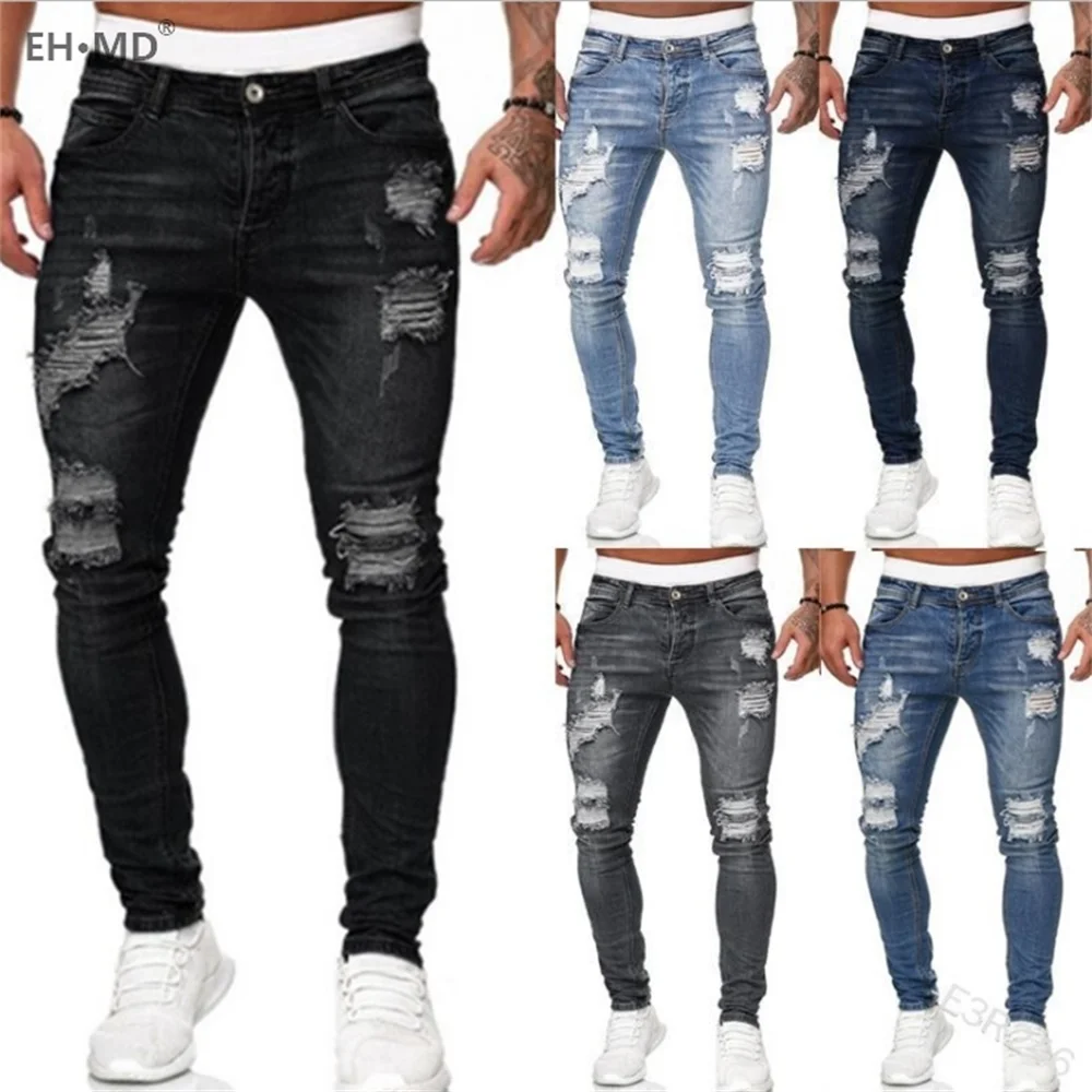 Summer Solid Color Frayed Hole Jeans Men's Feet Cotton High-stretch Elastic Pencil Pants Skinny Seasonal Youth Cat Mustache 2021