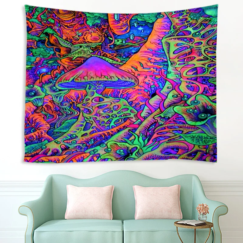 

Colorful psychedelic mushroom tapestry geometric mushroom fantasy wall art black tapestry dormitory bedroom landscape decorative