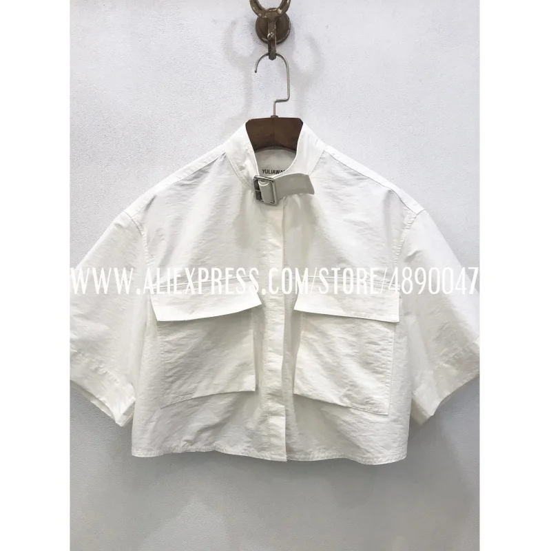 

2020 Elegant Top Women's Shirts Turtleneck Short Sleeve Casual Shirts High Quality Collar buckle design large pocket Short shirt