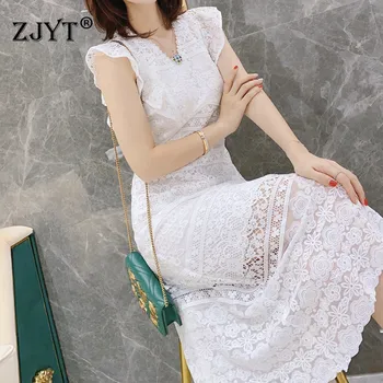 

High Fashion Runway Summer Dresses for Women 2020 New Designers Sleeveless V Neck Mid Calf Hollow Crochet White Lace Dress Party