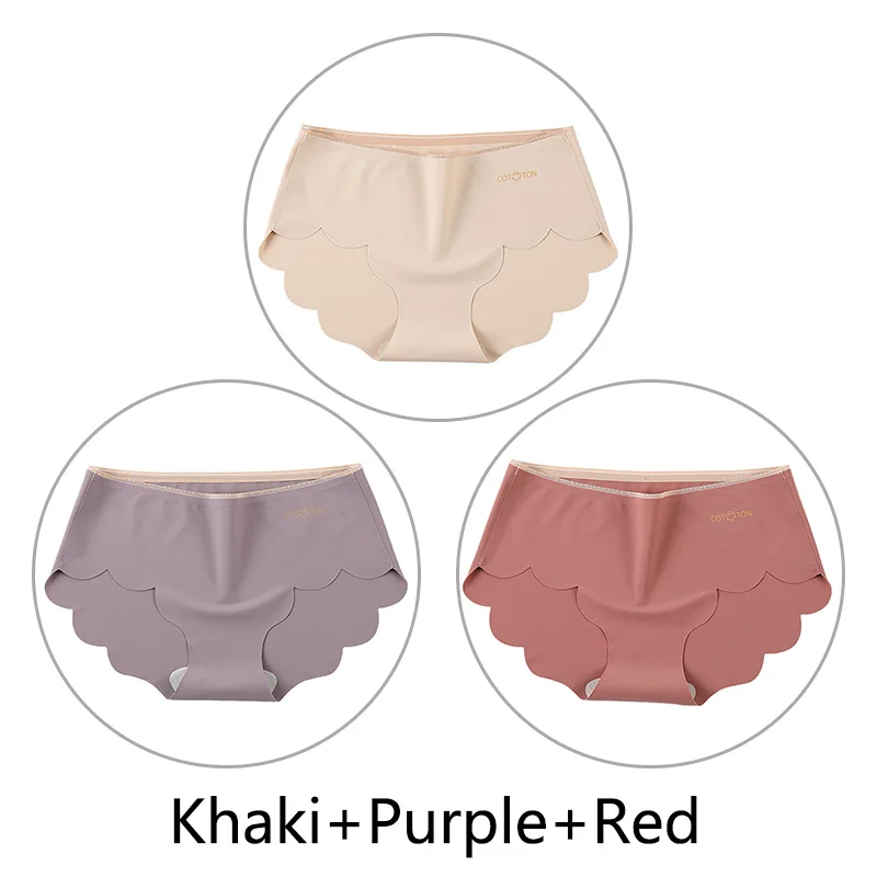 Khaki Purple Red 3 шт., женские бесшовные трусы, мягкие дышащие ультра тонкие трусики, сексуальное нижнее белье со средней талией и оборками, однотонное вискозное нижнее белье - Цвет: Khaki Purple Red
