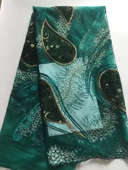 

2019 Latest design french lace fabric Stones high quality african lace fabric blue green gold tulle mesh lace 5 yards/piece