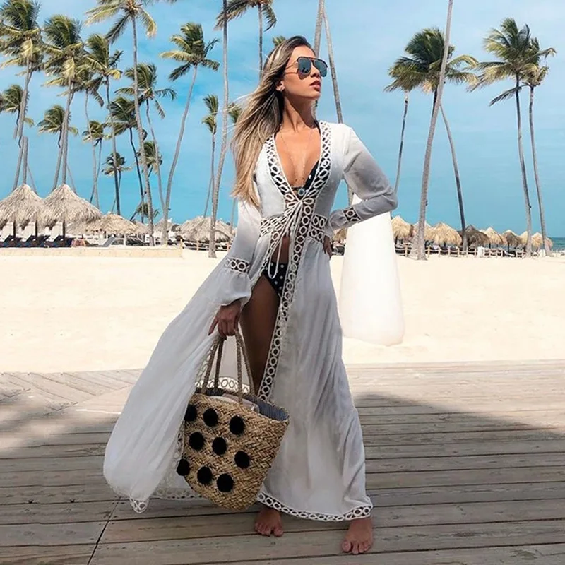 Вязаное белое пляжное платье-туника длинное парео накидки для плавания пляжная