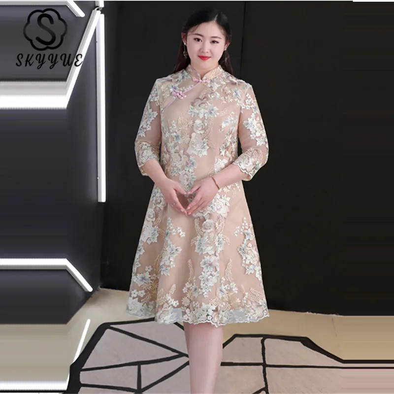 

Skyyue Evening Dress Vintage Plus Size Women Party Dresses Flower O-neck Robe De Soiree Short Elegant Evening Gowns 2019 T087
