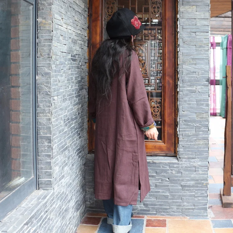 

2019 luo gu ni Retro Stand Collar Delicacy Handmade Wire Wound Frog Chinese Style Flax Literature And Art King-size Coat 1288