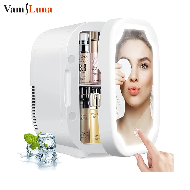 Easy-Take Skincare Fridge - Mini Fridge with Dimmable LED Mirror (4 Liter/6  Can), Cooler and Warmer, for Refrigerating Makeup, Skincare and Food, Mini