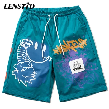 

LENSTID Mens Hip Hop Smile Face Patchwork Graffiti Print Shorts Harajuku Streetwear Fashion Cargo Pockets Short Pants Trousers