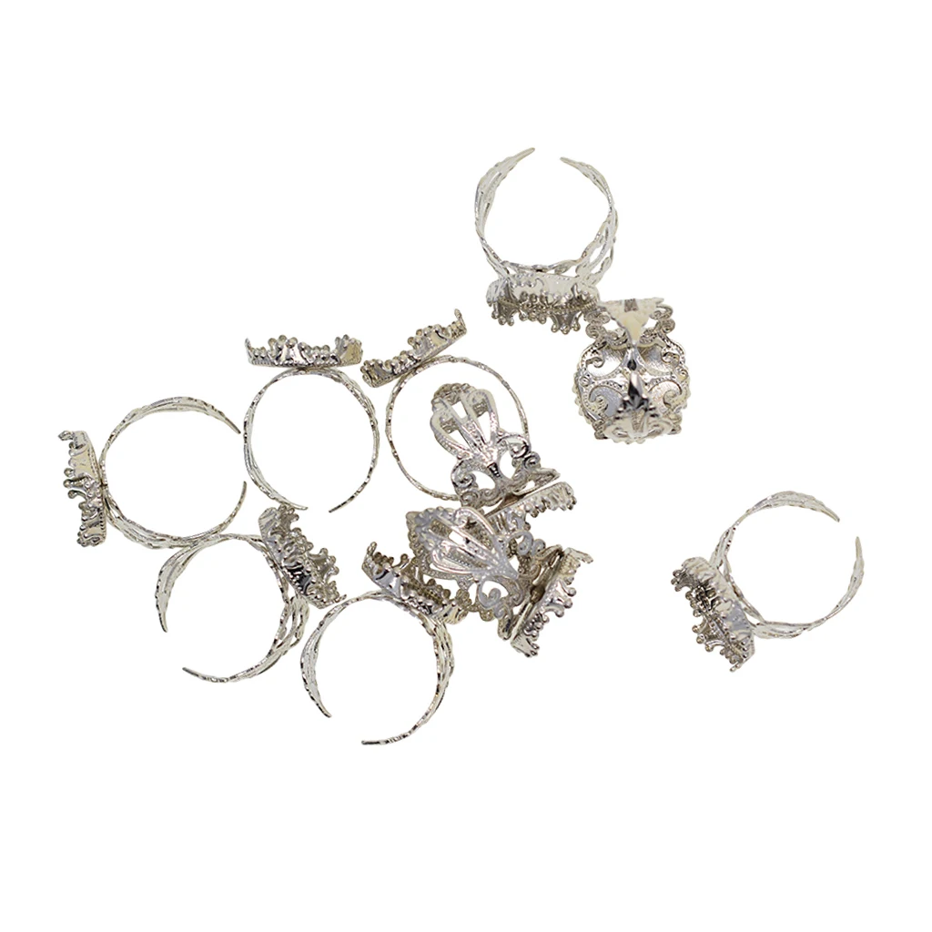 10 Pieces silver color Blank Round Crown 15mm Cabochon Bezel Base Settings Adjustable Filigree Ring for Jewelry Making