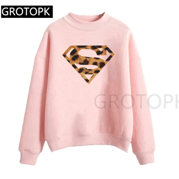 

Korean Style Fashion Sweatershirt Women Tops Long Sleeve Leopard Superhero Print White Pink Pullover Women Autumn Tops 2019