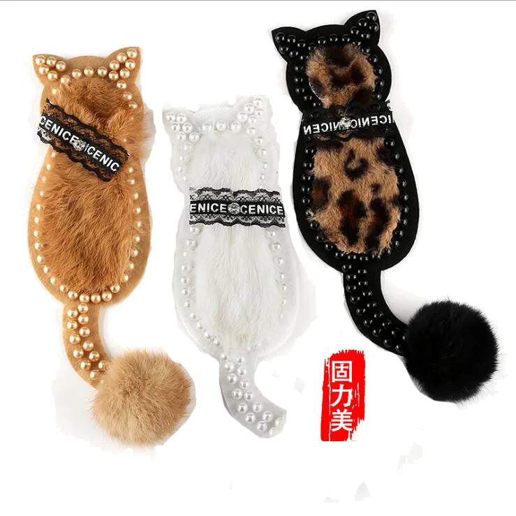 2pc Luxury Miss cat pearl beaded lace necklace wool embroidery patch 3 color white coffee khaki leopard print | Дом и сад