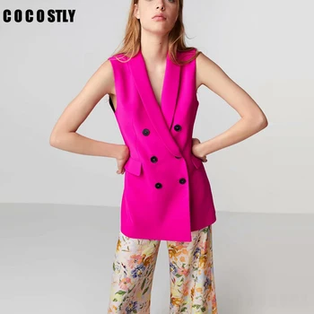 

2019 Sleeveless Rose Red Blazer Women Vest Double Breasted Jacket Waistcoat Notched Collar Office Lady Vest gilet femme