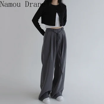 

2020 Non-Mainstream Normcore Style High Waist Lace-up Design Loose Solid Color Straight Mop Casual Pants Trousers for Women