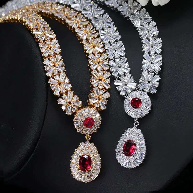Conjunto de Jóias com Pedra Cor do Ouro Pera Clássico Zircônia Cúbica Nigeriano Casamento Africano Traje Grande Cristal Vermelho J060 cz 15 Cheap Conjuntos de joias