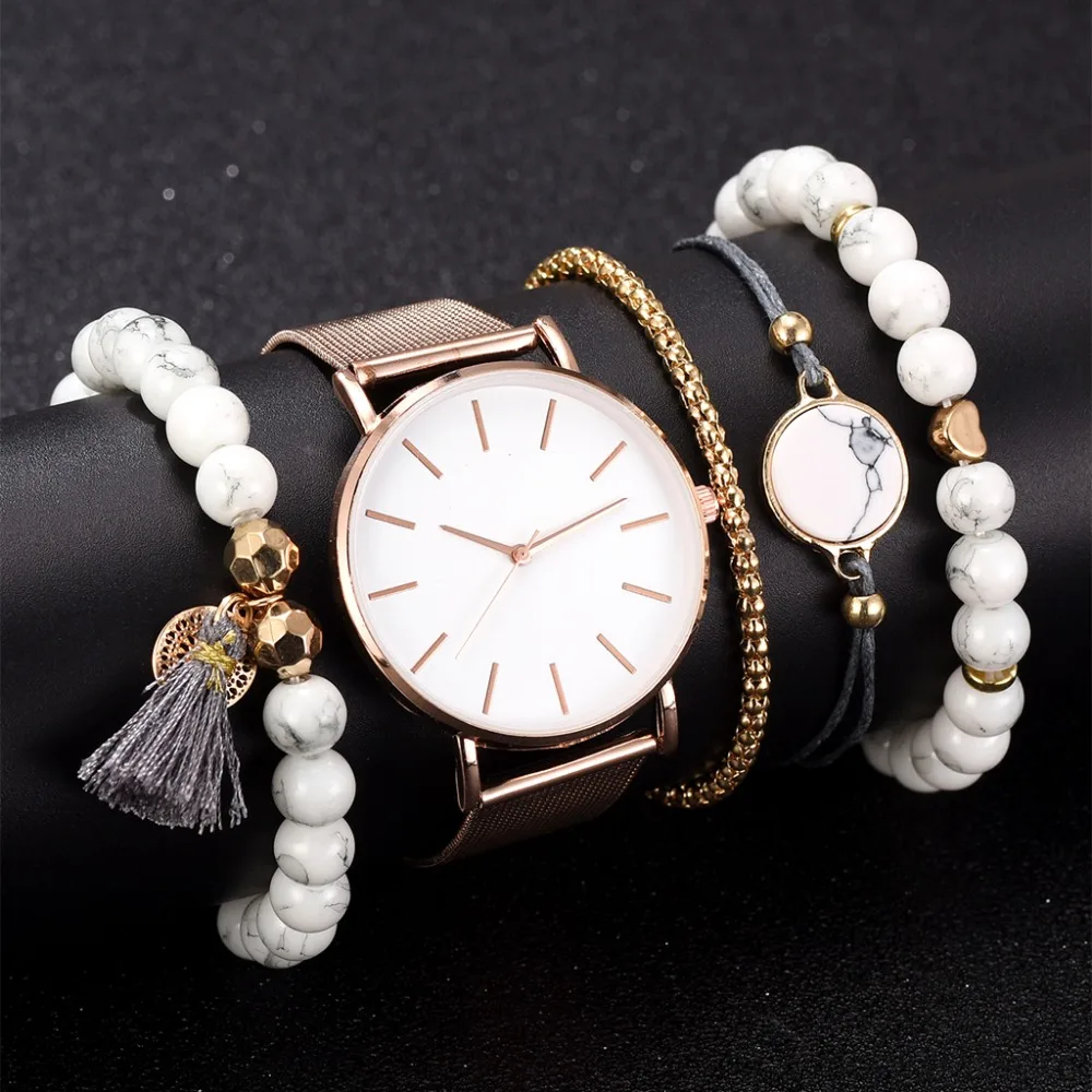 Женские часы 5 комплектов браслет японский кварцевый механизм простой водонепроницаемый розовое золото сетка из нержавеющей стали женские часы relogio feminino