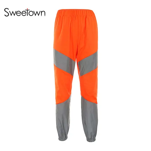 Sweetown/ осенние Популярные Лоскутные Светоотражающие повседневные штаны в полоску Женские повседневные Свободные мешковатые штаны женские брюки с высокой талией - Цвет: orange