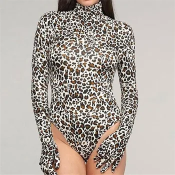 

YYXZ Women Overall Slim Sexy Gloves Leopard Long Sleeve T-shirt Style Turtleneck Woman Skinny Bodysuit Lady Jumpsuit Rompers
