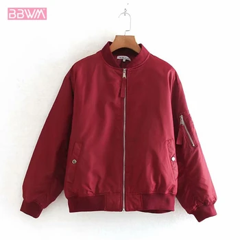 

Long Sleeve Black Zipper Pilot Women's Jacket Chic Casual Baseball Uniform Korean Version Collar Collar Wine Red Female Coat Top